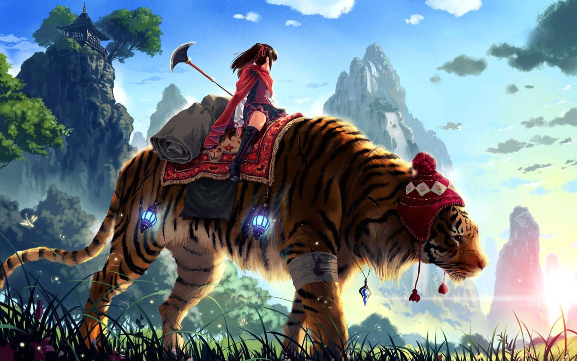 Warrior on tiger in fantasy mountain landscape at sunrise
