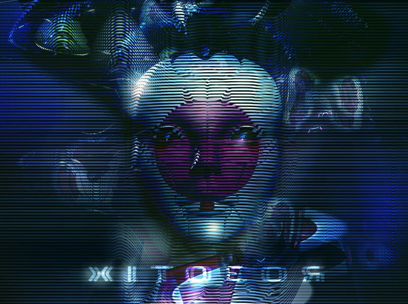 Glitch art of a robotic face with purple eyes and 'ROBOTIX' text in blue static.