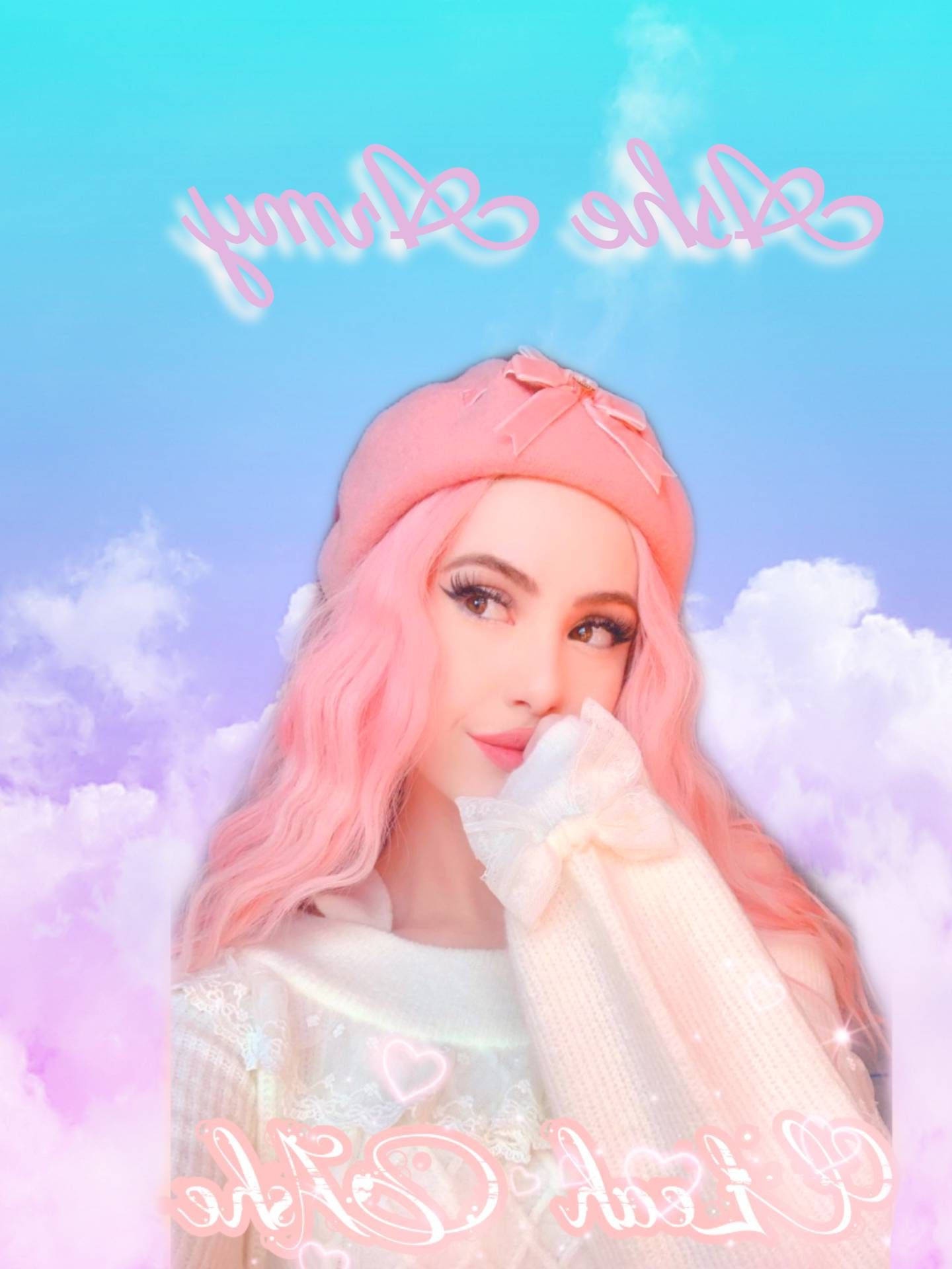 A pink-haired woman in a beret and white outfit smiles gently against a pastel sky with clouds and hearts.