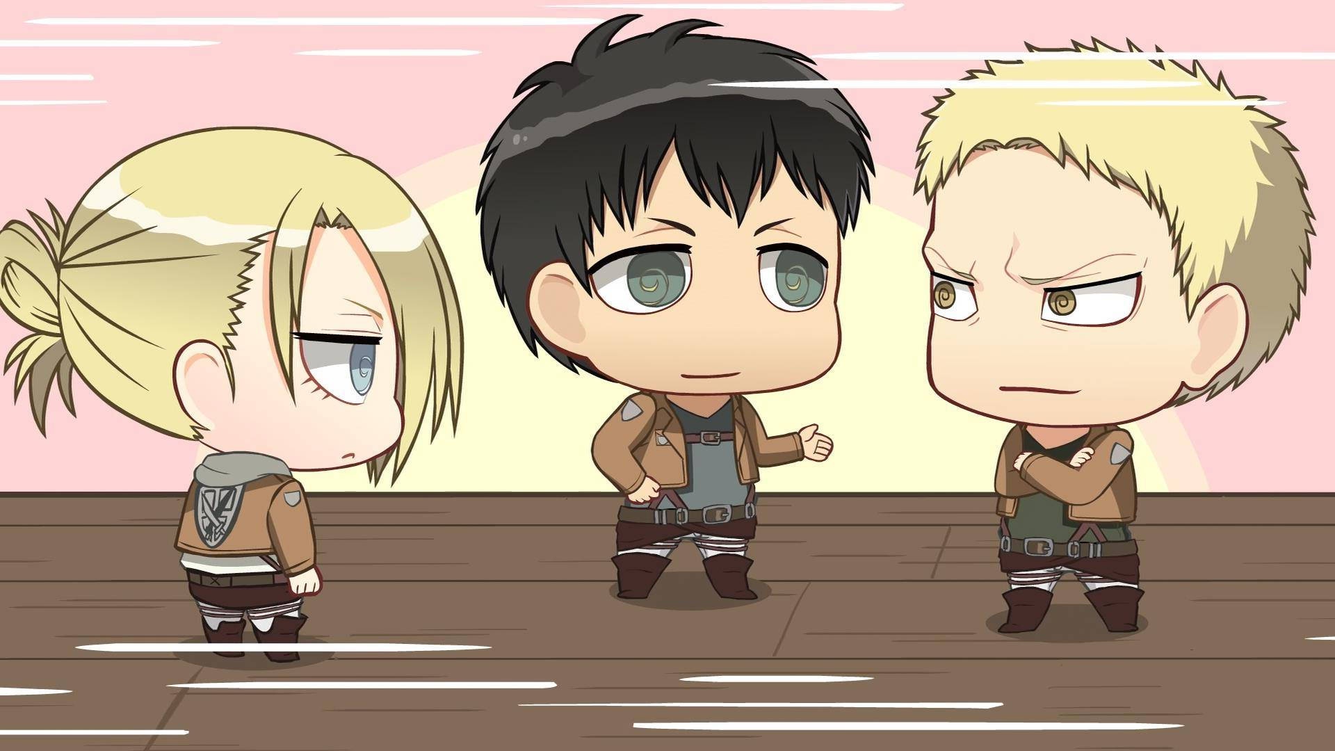 Three chibi anime characters in military uniforms standing on wooden floor.