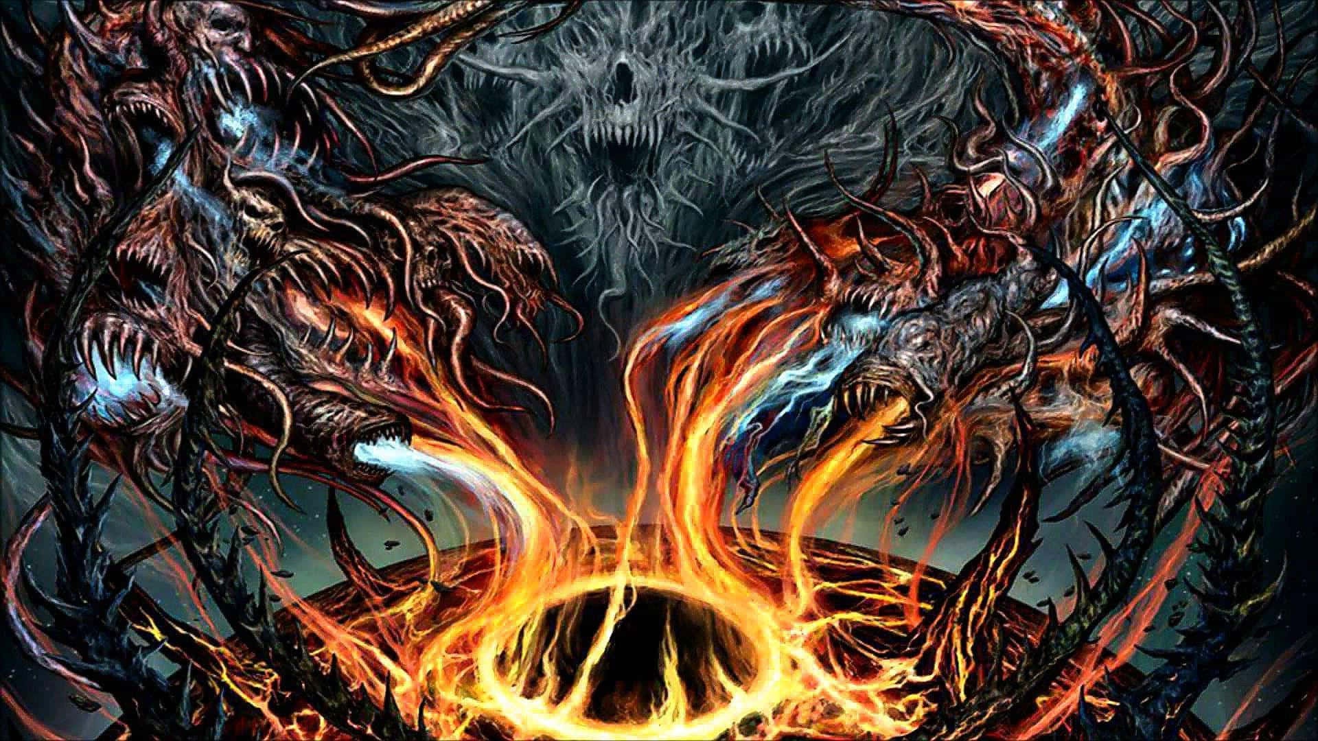 Two demonic dragons clash over a fiery pit in a dark cosmic scene.