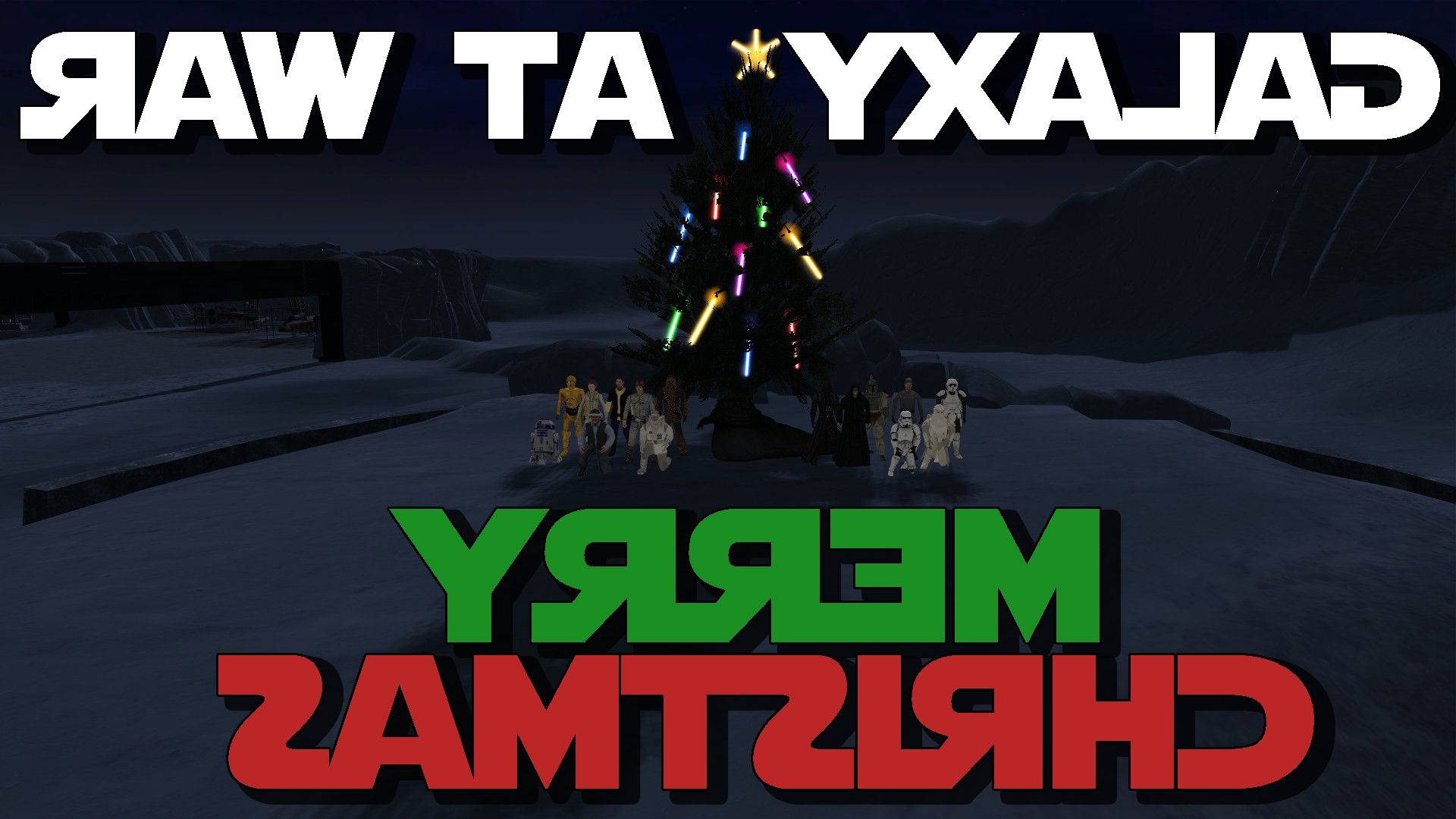 Star Wars characters celebrate Christmas around a decorated tree on a snowy planet.
